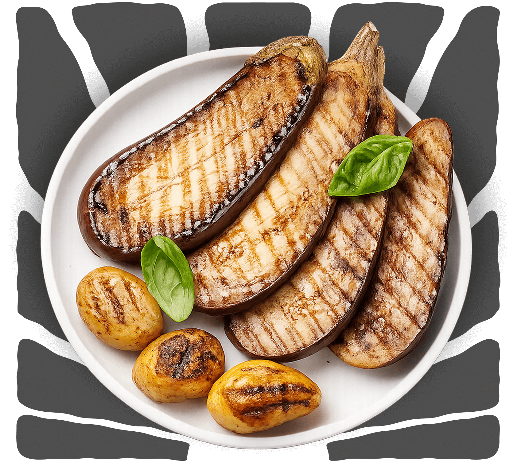 Grilled eggplants with potatoes and basil